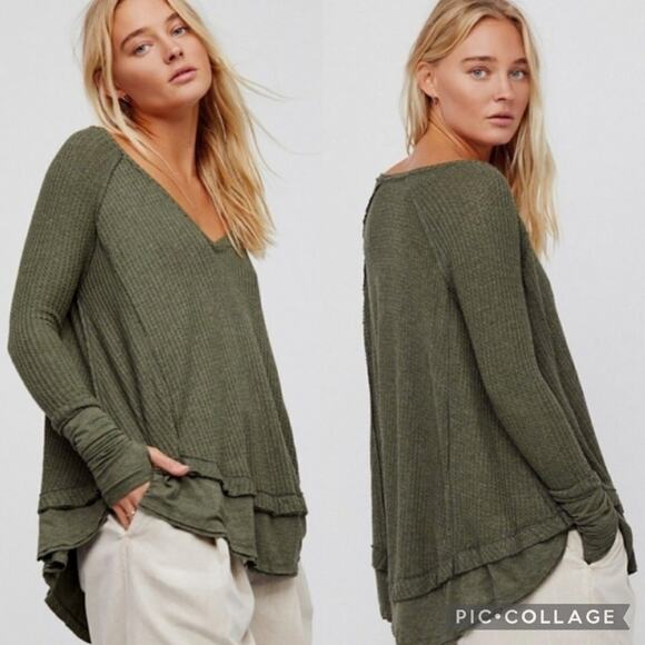 FP We The Free Laguna Thermal Top Olive Green Size XS Boho Relaxed Oversized - Picture 1 of 12